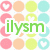 Pixelated icon with pastel circular background pattern, green text "ilysm dan" and "<3" symbols on white and gray sections.
