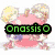 Pixelated icon with pink creature, green text 'Onassis O', and yellow circular elements on white background.