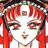 Static pixel art of a stylized anime character with red hair, closed eyes, and a small nose, set against a white background with dark and light accents.