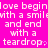 A static image with bright pink background and white pixelated text repeating 'love begin love begin love begin with a smile with a smile with a smile and end and end and end with a teardrop, teardrop, teardrop,' in three