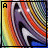 nine identical pixelated icons with a rainbow striped background and a central abstract shape, each displaying a different vertical text string