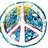 Circular icon with peace symbol design featuring blue, green, yellow, and maroon color segments within a white border.