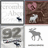 Four distinct static images arranged in a 2x2 grid: top-left white background with faint text and small dark shape, top-right brown background with pink heart and white figure, bottom-left gray background with large '92' and small dark shapes, bottom-right white background with gray horse-like figure and horizontal bar.