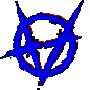 16 identical stylized anarchy symbols in various solid colors on a gray background