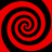 Four red and black spiral patterns arranged in a on a red background, each spiral rotating clockwise with alternating red and black bands