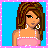 Pixel art contact sheet showing a female character's outfit details and text phrases in blue/pink color scheme with pink dotted border.