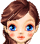 Pixelated doll avatar with brown hair, blue eyes, and pink cheeks in a of expressions and eye states