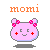 Pixelated pink character with red cheeks and bow-shaped ears, orange 'momi' text above, gray background, shadow beneath.