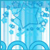 Blue-toned static image with abstract floral and geometric shapes, including star-like forms and circular patterns on a striped background.