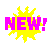 Six pixelated 'NEW!' icons in yellow burst shapes with pink or blue text on gray background, each rotated differently.