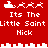 Red background with white pixelated text and symbols arranged in two mirrored , featuring repeated phrases "Its The Little Saint Nick" and reindeer-sleigh icons above a cityscape-like border