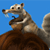 Pixelated cartoon animal with light brown fur holds an acorn while standing on a brown mound against a solid blue background.