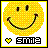 A static pixelated yellow smiley face icon with a black border, featuring a heart symbol and the word "smile" in block letters below it.