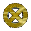 Golden circular icon with X-shaped cutout, displayed in multiple orientations including front, side, and angled views.
