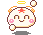 Pixel art character with round white face, orange ears, pink cheeks, red star on forehead, yellow halo; multiple expressions and floating orbs.