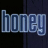 Pixelated text 'honey' in light blue with dark blue outlines on a black and dark gray background.