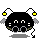 Four pixel-art frames of a black spherical character with yellow antennae tips, white eyes, and gray wings on a light gray background.