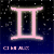 Six-frame contact sheet of an animated Gemini zodiac icon with glowing Roman numeral II symbols on a starry background, each frame showing different color variations and brightness levels.