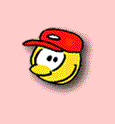 Animated cartoon icon of a yellow character with red cap showing three sequential expressions and motion effects on pink background.