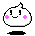 Four pixel-art frames of a white blob-shaped character with pink cheeks and black eyes, arranged in a 2x2 contact sheet on gray background.