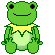 Green pixelated frog with black eyes and yellow collar, holding a light green heart shape against gray background.