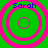 Four identical circular icons with pink concentric rings on green background, each labeled "Sarah" in blue text at top.