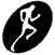 White silhouette of a running figure on black oval backgrounds in six distinct poses across three , with one gray rectangle partially obscuring the bottom-right corner
