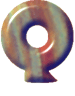 A circular, glossy object with a central hole and a small tail-like extension at the bottom, rendered in blended shades of brown, green, blue, and red against a light gray background.