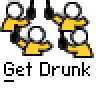 Animated contact sheet showing three frames of a pixel art buddy icon with stick figures holding bottles, text promoting 'badassbuddy.com', and repeated 'Get Drunk' labels.