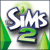 Pixelated icon features stylized 'Sims 2' text with blue outlines and green accents on white background, surrounded by abstract green shapes.