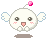 Pixelated white round character with small wings, pink cheeks, and a floating pink gem above its head in multiple poses.