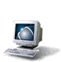 A computer monitor with a blue screen showing a white sphere and circular lines, paired with a keyboard, displayed in a with text below each instance