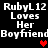 Pixelated text repeats 'RubyL12 Loves Her Boyfriend' with red heart symbols on a black background, showing animation changes in heart positions.