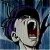 Pixelated close-up of a character with dark hair and a wide open mouth against a blue-toned background.
