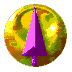 Four circular frames show a purple arrow rotating against a yellow-green gradient background with pixelated texture.