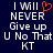 Dark blue background with white pixelated text reading "I WILL NEVER Give up U No That KT" and a red pixelated heart symbol above "NEVER".