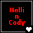 Four black square with red text "Holli n Cody" and white or gray heart symbols in the bottom-right corner, arranged in a