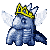 Pixelated blue dragon with white wings and yellow crown in multiple poses against gray background.
