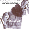 Pixelated cartoon character with wide eyes and open mouth holding a stick, standing next to a large brown heart and a smaller character with a shocked expression.