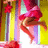 Animated sequence of a figure in pink and red clothing performing a dynamic pose against a yellow and purple background with vertical stripes.