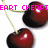 Two dark red cherries with green stems and white highlights, overlaid with pink pixelated text reading "EART CHERRI" on a white background.