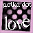 25 square icons with pink polka dots on black background, each displaying 'love' text in varying colors and styles