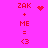 Pixel art icon with pink background showing red text 'ZAK + ME = <3' and animated heart/sparkle symbols.