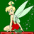Pixelated fairy with blonde hair in a bun, white wings, red dress, and green shoes sits on a red platform against a green background with white speckles.