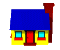 Animated sequence of a yellow house with blue roof and red chimney rotating through multiple angles, showing front, side, and corner views with consistent window and door details.