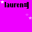 A static image with a bright magenta background displaying repeated 'lauren=' text in black pixelated font, scattered white and light purple stars, and a gray rectangular overlay in the bottom-right corner.