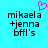Pixelated cyan background with black text reading 'mikaela +jenna bffl's' and a pink heart symbol above the left side of the text.