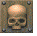 Pixelated skull icon on metal plate with bolts, showing sequential animation of head turning left to right