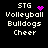 Four display 'STG Volleyball Bulldogs Cheer' text with varying purple pixel symbols above 'STG', including a heart, X, and dotted circle