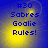 Blue background with yellow glow displays "#30 Sabres Goalie Rules!" text in four identical arranged in a